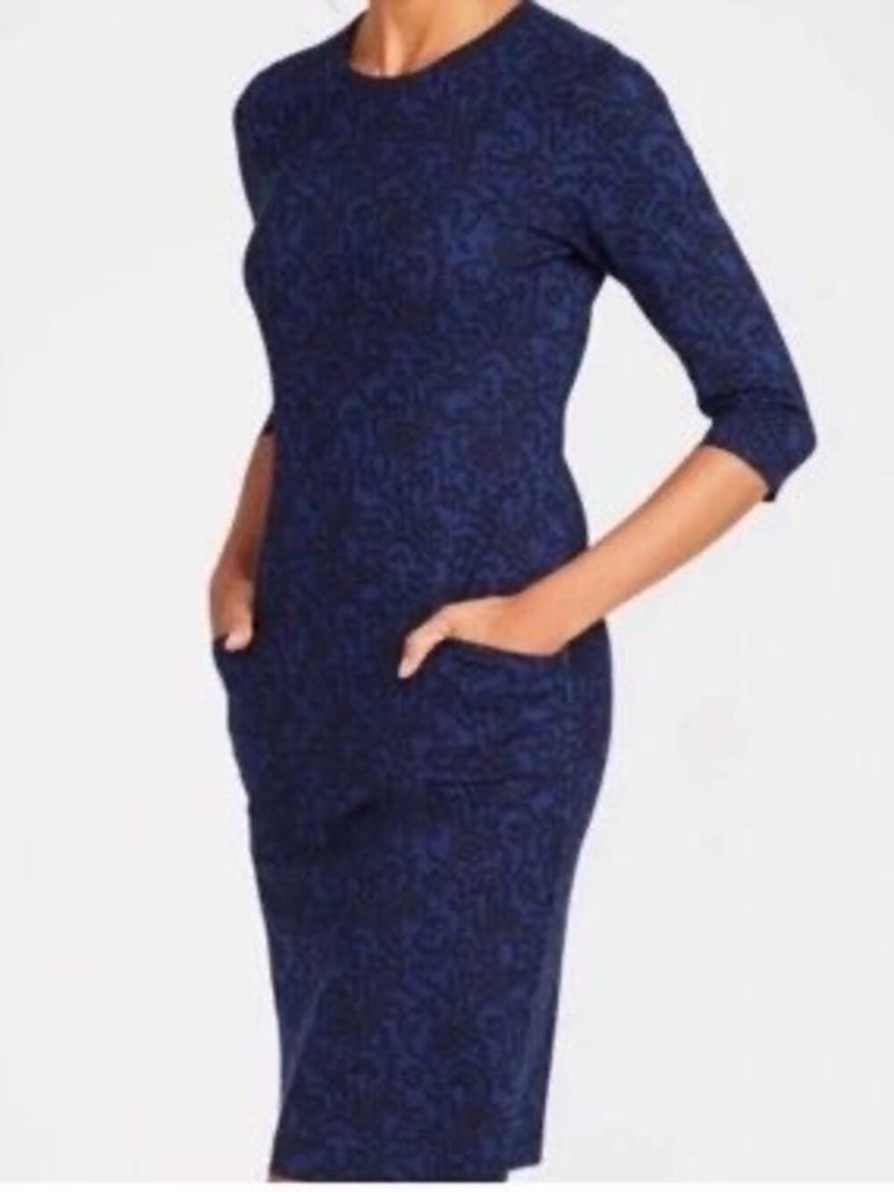 J.McLaughlin Catalyst Knit Sheath Dress Blue Black Print 3/4 Sleeve Pockets Sz M